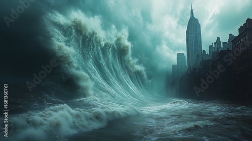 Dramatic tidal wave surging towards new york city iconic skyline photo