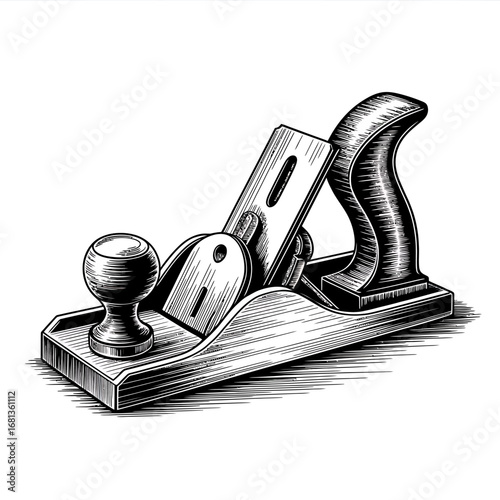 Detailed Black and White Engraving A Woodworking Hand Plane illustration with artistic style