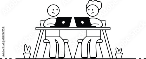 Illustration of coworkers working together on laptops at a desk editable
