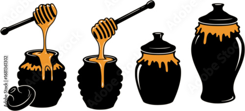 Four honey pots with dripping honey silhouette
 vector illustration isolated on white background 