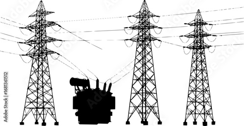 Collection of industrial electricity transmission tower and transformer silhouettes vector illustration isolated on white background 