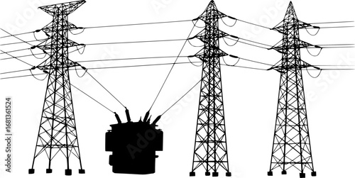 Collection of industrial electricity transmission tower and transformer silhouettes vector illustration isolated on white background 