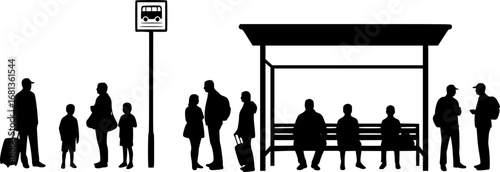 Children and adults waiting at bus stops silhouette
 vector illustration isolated on white background 
