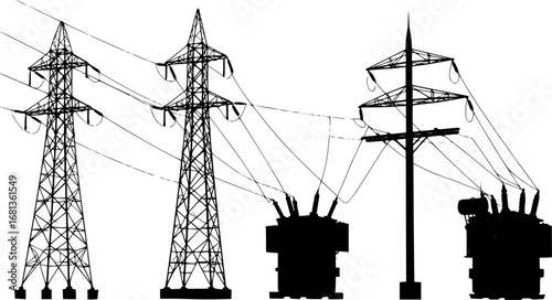 Collection of industrial electricity transmission tower and transformer silhouettes vector illustration isolated on white background 