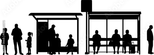 Children and adults waiting at bus stops silhouette
 vector illustration isolated on white background 