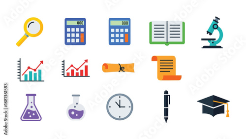 Education and Science Icon Set: An array of vibrant, minimalist icons capturing the essence of education, from magnifying glasses to microscopes, each a symbol of learning. 