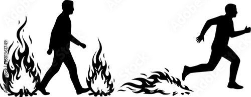 Two people in silhouette one walking calmly past a fire the other running away from flames vector illustration isolated on white background 