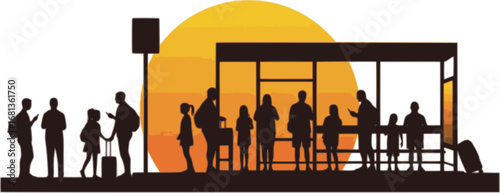 Children and adults waiting at bus stops silhouette
 vector illustration isolated on white background 