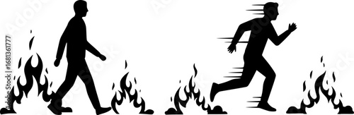 Two people in silhouette one walking calmly past a fire the other running away from flames vector illustration isolated on white background 