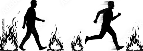 Two people in silhouette one walking calmly past a fire the other running away from flames vector illustration isolated on white background 