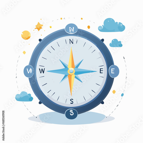 Blue Compass Illustration With Clouds And Stars