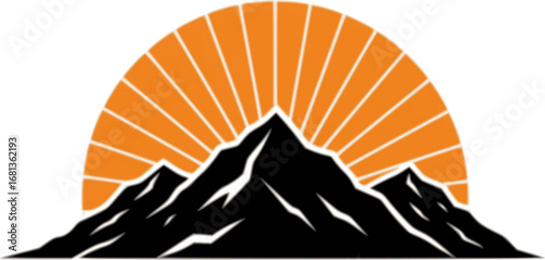 Two stylized mountain peaks with radiant sunburst silhouette vector illustration isolated on white background 