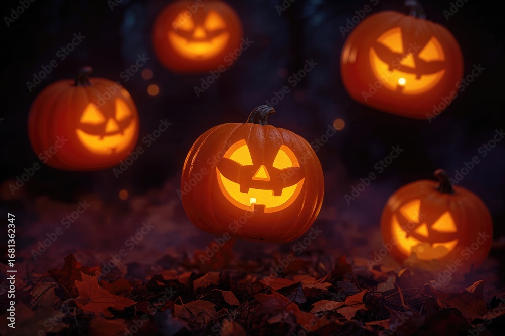 Fototapeta premium Illuminated jack-o'-lanterns float against a shadowy background in a cartoon style version 3