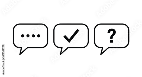 Three speech bubbles featuring ellipsis check mark and question mark symbols simple design