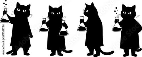 Four black cat scientists holding beakers silhouette
vector illustration isolated on white background 