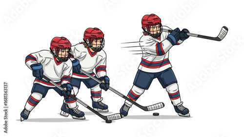 Canvas Print Action-Packed Hockey Play: A dynamic illustration sequence captures the intensity of a hockey player winding up for a powerful shot on the ice, showcasing agility, speed