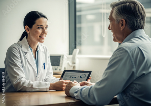 Caring female physician explaining a treatment plan on a digital tablet to a senior male patient in a modern clinic