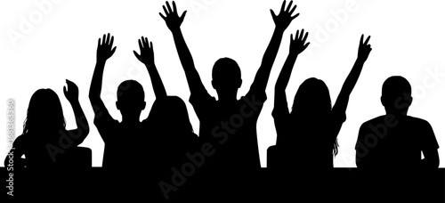 Students raising hands in classroom silhouette vector illustration isolated on white background 