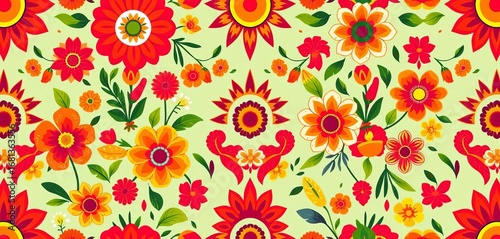 Vibrant seamless Hispanic heritage pattern with traditional flowers, sun, and geometric shapes in warm colors,   art,   texture