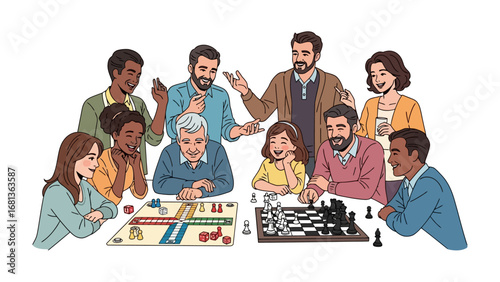 Board Game Night: An illustration of a diverse group enjoying quality time playing board games, fostering camaraderie and friendly competition. 