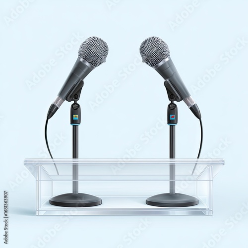 Two microphones on a transparent podium against a light blue background
