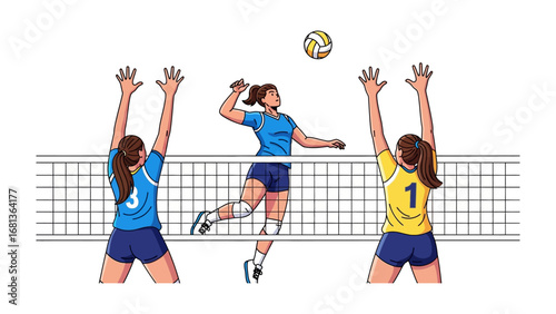 Volleyball Action: A dynamic illustration capturing a thrilling moment in a volleyball match. A player spiking the ball over the net as teammates prepare to block.