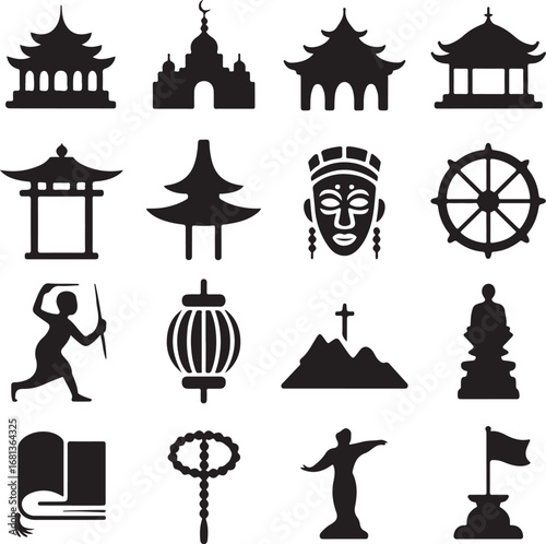 Diverse collection of religious and cultural symbols in black and white religion culture
