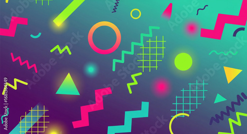 Dynamic 80s 90s Memphis style geometric pattern background with vibrant neon shapes circles triangles zigzags and gradient colors