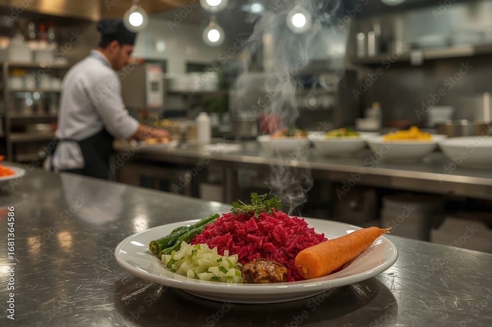 Obraz premium In a lively eatery, the scent of freshly cooked dishes permeated the atmosphere while the cook assembled a vivid dish featuring red rice and fresh vegetables like bright carrots.