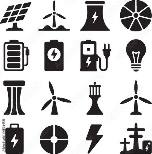 Black and white icons representing renewable energy sources and power electricity sustainable