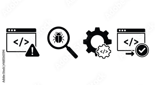 Software development debugging testing and optimization concepts icons representing code issues solutions
