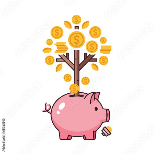 A clean vector illustration of a money tree growing from a piggy bank. Great for representing financial planning, saving money, and the concept of nurturing your wealth.