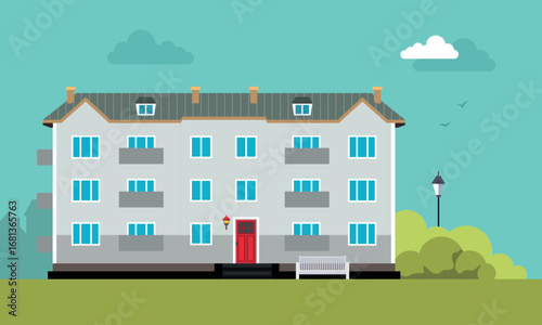 Apartment building. Flat design typical buildings old houses. Cute design for textile, wallpaper, background.	
