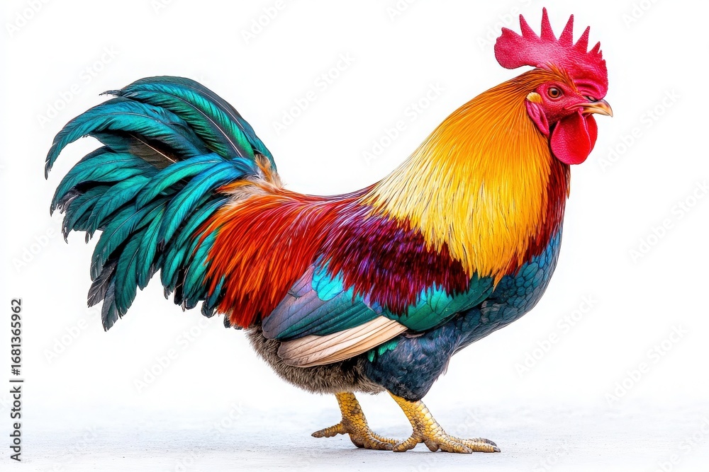 Fototapeta premium Isolated Rooster with Multicolored Plumage on White Background