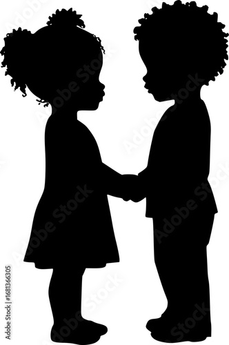 Silhouette of Two Adorable African American Children Holding Hands vector illustration isolated on white background 