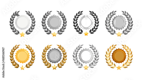 Set of laurel wreath award medals with star for achievements and success in gold silver and bronze 100