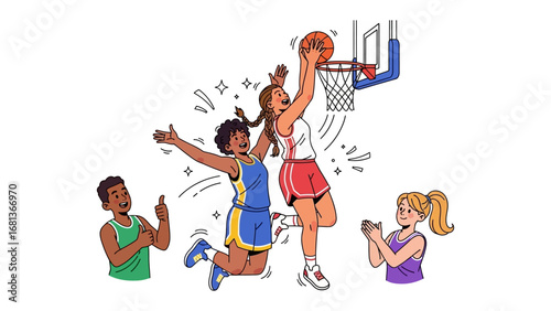 Basketball Triumph: Witness the thrilling moment of a basketball game, a player in mid-air effortlessly scoring a basket, celebrated by teammates with cheers and applause.