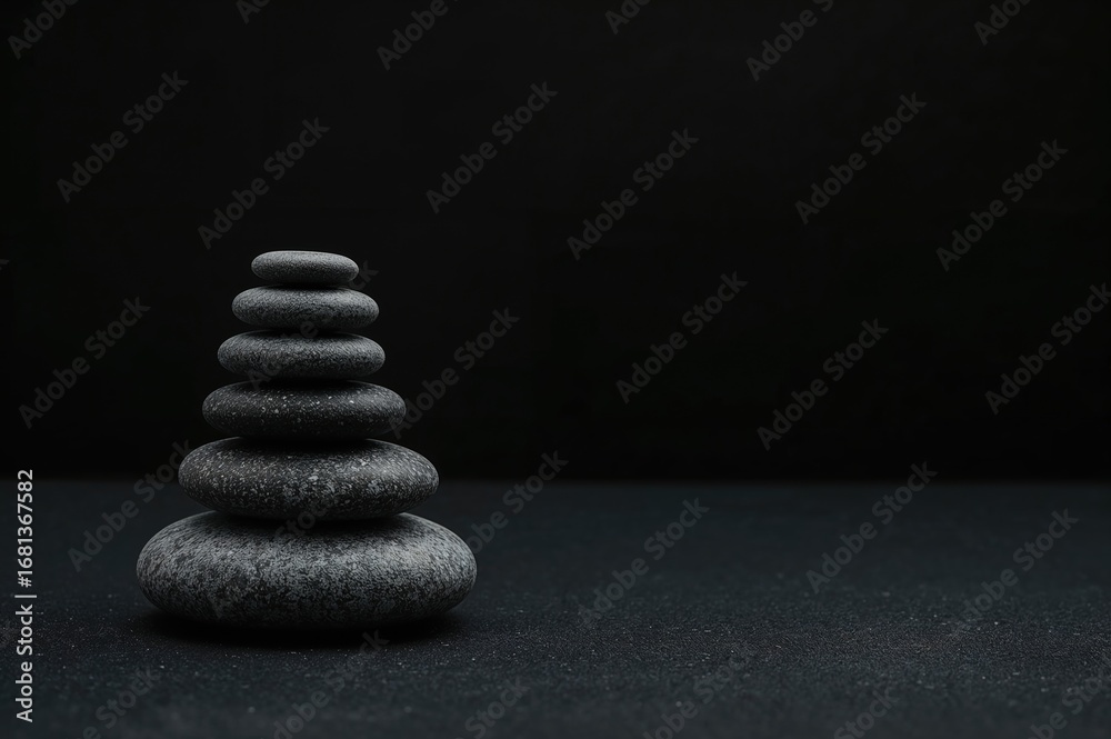 Fototapeta premium Stack of spa stones arranged like a pyramid on a dark backdrop