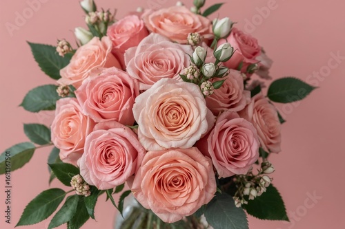 Bouquet of roses in soft pastel and vibrant coral hues. Floral design perfect for celebrations like weddings or Women's Day.