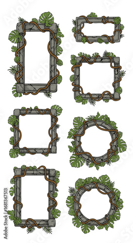 Ancient stone frames adorned with lush tropical jungle vines and leaves evoking a lost civilization vibe