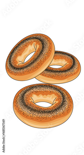 Three freshly baked poppy seed bagels with a golden brown crust ready for enjoyment