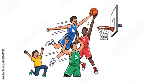 Basketball Game Moment: A dynamic basketball illustration captures the essence of a thrilling game. A player reaches high for a slam dunk.