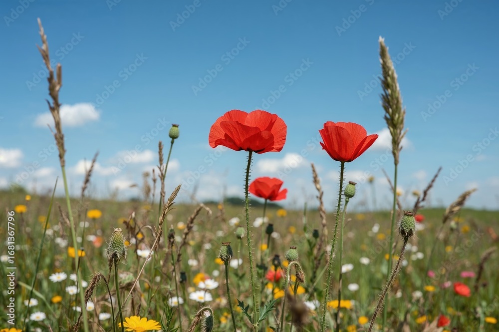 Naklejka premium Common names for Papaver rhoeas include poppy flower.