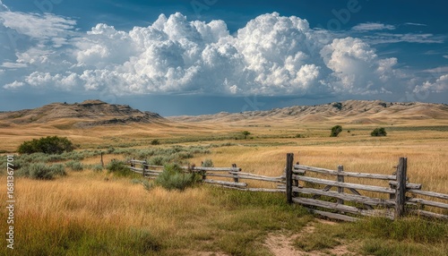 Open prairie landscape with a weathered wooden fence under a dramatic sky