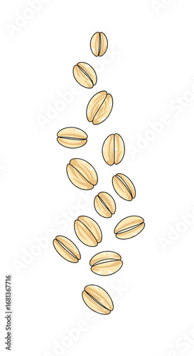 Collection of oatmeal pieces falling together creating an abstract pattern design element for healthy eating themes