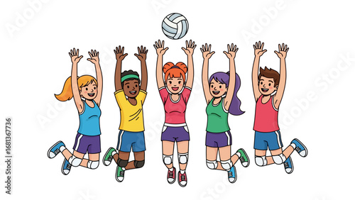 Volleyball Team in Action: An illustration captures the essence of teamwork as a diverse group of athletes, focused and energized, compete in a volleyball match. 