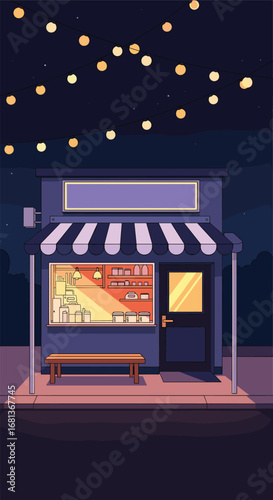 Charming pixelated shopfront illuminated by twinkling string lights on a peaceful evening