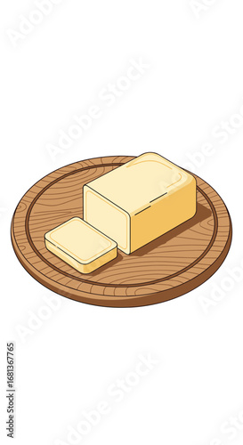 A block of butter with a slice cut off resting on a round wooden cutting board