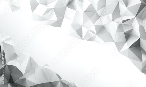 Abstract 3D polygonal shapes in light gray, forming a frame around a central white space