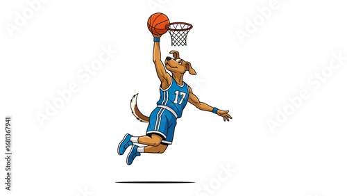 Hoop Dreams: An Energetic Canine Scores! A determined dog in a basketball uniform leaps towards the hoop, embodying the spirit of sportsmanship and the thrill of competition.